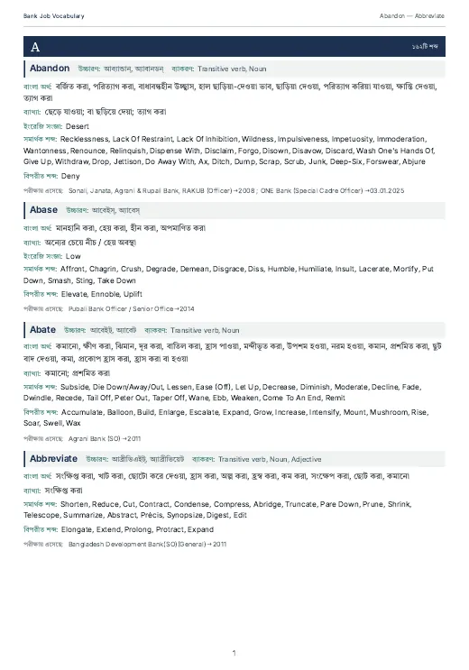 Bank Job Vocabulary, PDF পৃষ্ঠা ১১: A অক্ষরের প্রথম পাতা